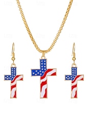 voordelige Accessoires-Damesketting en oorbellen met kruisje van legering, gouden en zilveren patriottische sieraden, oorbellen met hanger in de vorm van een Amerikaanse vlag, perfect voor de 250e verjaardag van de VS, Onafhankelijkheidsdag, casual kleding en vakantie.