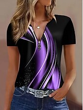 Недорогие Полосатая и геометрическая футболка-Жен. Футболка Цветовые блоки Четверть молния Графика Геометрический принт Абстракция тропический Гавайский Стиль С короткими рукавами Вырез под горло Обычные топы Свадьба на пляже Повседневные Спорт