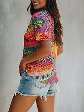 preiswerte Boho-T-Shirt-Damen T Shirt Druck Blumen Grafik Farbblock Vintage Lässig Boho Kurzarm V Ausschnitt Normale Oberteile Täglich Orange Sommer Frühling