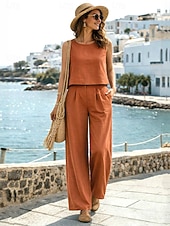 preiswerte Wesentliche Faux Co-ord Sets-Damen Hosen-Sets Kunstbaumwollleinen Ärmellos Rundhalsausschnitt Einfach Elegant Mode Streetwear Lässig Täglich Outdoor Blau Schwarz Orange Sommer Lässiger Schnitt