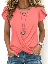 baratos Camiseta lisa-Mulheres Camiseta T-shirt Franzido Tecido Moda à moda Clássico Manga Curta Gola Redonda Tops regulares Diário Para Noite Final de semana Azul Preto Branco Rosa Vinho Verão Primavera