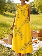 cheap Floral Dress-Women's Midi Dress Shift Dress Sundress A Line Dress Vacation Casual Boho Beach Party Regular Fit Floral Graphic Sleeveless Crew Neck Blue Yellow Pink Purple Summer Spring