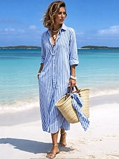 economico Abiti a Strisce e Geometrici-Per donna Abito maxi Abito a Tubino Vestito Estivo Vacanza Casual All'aperto Uscire Vestibilità regolare A righe Manica Lunga Collo ripiegato Blu Rosa Rosso Caffè Estate Primavera Autunno
