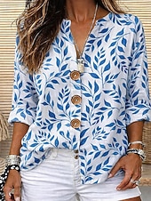 tanie Kwiatowe bluzki-Damskie Bluzka Nadruk Kwiaty Graficzny Elegancja Zabytkowe Elegancki Rękaw 3/4 Półgolf W serek Zwykłe topy Crop Topy Codzienny Święto Stroje plażowe Niebieski Rumiany róż Zielony Lato Wiosna