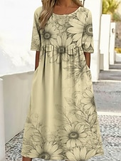  女性用 ミディドレス カジュアルドレス プリントドレス ファッション アウトドア バケーション お出かけ ルーズフィット フラワー グラフィック ハーフスリーブ クルーネック ライトイエロー ライトピンク ライトグリーン グレー 夏 春