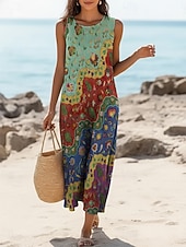  Women's Midi Dress Faux Cotton Linen Shift Dress Sundress Casual Dress Vintage Daily Outdoor Beach Regular Fit Floral Sleeveless Crew Neck Dark Green Purple Green Rainbow Summer Spring