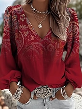 ieftine Bluze Art&amp;Design-Pentru femei Bluză Imprimeu Floral Boemia Epocă Casual Manșon Lung În V Topuri obișnuite Zilnic Albastru piscină Negru Alb Roz Îmbujorat Roșu Vin Vară Primăvară Toamnă