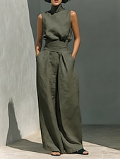 economico Imposta-Per donna Set effetto lino Set di Pantaloni Senza Maniche Dolcevita Tinta unica Moda Streetwear Casuale Quotidiano All'aperto Nero Rosa Verde militare Estate Vestibilità regolare