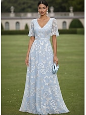 voordelige Vloerlengte-A-lijn Jurken Tot de grond Bruiloft gast jurk Avondjurk Moeder van de bruid jurk Korte mouw V-hals Boothals Elegant Eenvoudig Verfraaid Formeel Bruiloft gast Feestdagen Chiffon Kant met Bloemenprint