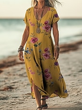  Dame Maxikjole Boho-kjole Uformell kjole Kjole med A-linje Print kjole Årgang utendørs Strand Feriereise Normal Blomstret Grafisk Kortermet V-hals Lys Rosa Gul Mørkegrønn Lilla Sommer Vår
