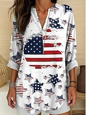  Dia da Independência Americana Mulheres Blusa Imprimir Gráfico Bandeira Vintage Tropical Havaiana Manga Longa Decote V Tops longos Diário Feriado Roupa de Praia Branco Verão Primavera