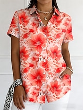 tanie Kwiatowe bluzki-Damskie Koszula Guziki Nadruk Kwiaty Graficzny Zabytkowe Elegancki Nowoczesny Krótki rękaw Kołnierzyk koszuli Zwykłe topy Codzienny Niebieski Czerwony Fioletowy Pomarańczowy Lato Wiosna