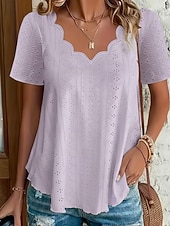 cheap Plain Blouses-Women's Pointelle Shirt Eyelet Top Blouse Eyelet Plain Active Basic Casual Short Sleeve V Neck Regular Tops Casual Daily Beach Black White Yellow Pink Wine Summer Spring