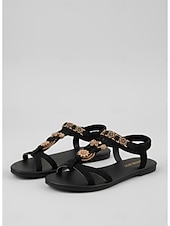 cheap Flat Sandals-Women's Navy Blue Boho Floral Beaded Flat Sandals  Vintage-Inspired Comfortable T-Strap Summer Shoes for Casual Outings, Beach Vacations, and Daily Wear