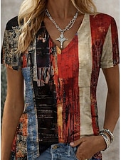 cheap Stripe&amp;Geometric tee-Women's T Shirt Print Graphic Striped Abstract Stylish Classic Casual Short Sleeve V Neck Long Tops Daily Brown And White Gray / White White Summer Spring