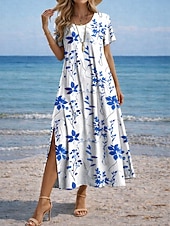 Χαμηλού Κόστους Floral φορέματα-γυναικείο φόρεμα μίντι μπλε και άσπρο λουλούδια διακοπές φόρεμα σε γραμμή α διακοπές casual παραλία αργία ραντεβού φαρδιά εφαρμογή φλοράλ γραφικό κοντομάνικο στρογγυλή λαιμόκοψη μπλε κίτρινο κόκκινο μωβ καλοκαίρι άνοιξη