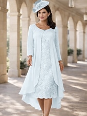 baratos Conjuntos de vestidos para mamãe-Duas Peças Linha A Longuette Vestido de convidada de casamento Vestido Para Mãe dos Noivos Manga Curta Decorado com Bijuteria Elegante Tamanhos Grandes Convidado do casamento Festa de Casamento