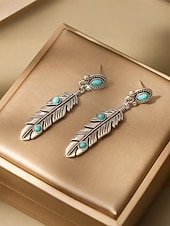 abordables Pendiente de mujer-Pendientes colgantes de hoja turquesa de aleación estilo boho para mujer, pendientes llamativos de plumas de estilo western vintage para uso casual, viajes, vacaciones y estilo resort.