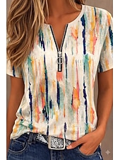 cheap Floral tee-Women's T Shirt Zipper Quarter Zip Graphic Geometric Color Block Tropical Hawaiian Stylish Short Sleeve Crew Neck V Neck Regular Tops Daily Sports Going out Black White Summer Spring