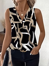 baratos Tanque Gráfico-Mulheres Malha Íntima Gráfico Geométrica Abstrato Elegante Vintage Tropical Sem Manga Decote V Tops regulares Diário Preto Verão Primavera
