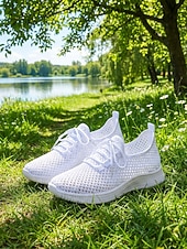 זול סניקרס לנשים-בגדי ריקוד נשים קזו'אל יומי בבית רצועות שטוח בוהן עגולה ספורטיבי יום יומי נוחות רשת לואפר ניאון צהוב שחור לבן