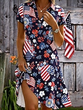 tanie Sukienka na Dzień Niepodległości-Amerykański Dzień Niepodległości Damskie Sukienka do kolan Sukienka A line Urlop Codzienny Styl plażowy Plaża Regularny Graficzny Flaga Krótki rękaw W serek Niebieski Czarny Biały Czerwony Lato Wiosna