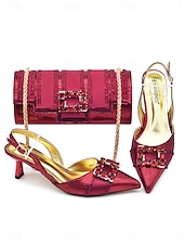 tanie Matka panny młodej/pana młodego-fioletowy satynowy zestaw damski z obcasem i pasującą torebką - elegancki zestaw z paskiem na pięcie, idealny dla matek wybierających się na miejskie wesela