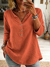 abordables Blusas Sencillas-Mujer Blusa Encaje Botones Color sólido Elegante Casual Manga 3/4 Escote en Pico Tops regulares Diario Azul Piscina Negro Blanco Rosa Naranja Primavera Otoño