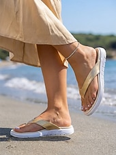 abordables Femmes-Tongs dorées pour femmes - sandales de marche orthopédiques confortables avec semelle sport rembourrée, idéales pour les vacances à la plage et les voyages d'été. &amp;confort balnéaire toute la journée
