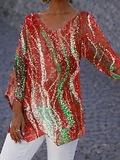 Χαμηλού Κόστους Ημέρα Ανεξαρτησίας Κορυφή-Ημέρα Αμερικανικής Ανεξαρτησίας Γυναικεία Πουκάμισο Μπλούζα Κουρελού Γραφική Σημαία Αφηρημένο Μοντέρνα Στυλάτο Κλασσικό Μακρυμάνικο Λαιμόκοψη V Μακριές μπλούζες Καθημερινά Αργίες Εξόδου