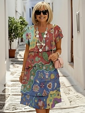  Dame Mini kjole Uformell kjole Print kjole Peplum kjoler Elegant Mote Moderne utendørs Feriereise Ut på byen Normal Blomstret Kortermet Crew-hals Blå Sommer Vår