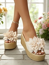 voordelige Sleehaksandalen-Groene sleehak sandalen voor dames – stijlvolle, met bloemen versierde slippers met een sleehak van espadrille-imitatie, perfect voor casual uitjes, zomervakanties en strandfeestjes.