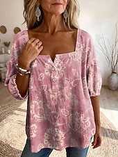 お買い得  花柄のブラウス-女性用 ブラウス プリント フラワー グラフィック 日常 スタイリッシュ ベーシック ハーフスリーブ スクエアネック レギュラートップス 日常 イエロー ピンク パープル オレンジ 夏 春