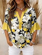 economico Bluse Floreali-Per donna Blusa Volant Stampato Floreale Grafico Vintage Quotidiano Elegante Manica 3/4 Scollo a V Top Regolari Quotidiano Ferie Abbigliamento da vacanza Blu Giallo Rosa Verde Estate Primavera