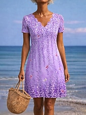 abordables Vestido Floral-Mujer Mini vestido Vestido estilo camiseta Vestido de una línea Vestido de verano Casual Diario Playa Festivos Ajuste regular Floral Graphic Manga Corta Cuello con muescas. Azul Piscina Rosa Morado