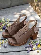 abordables Sandalias de tacón-Sandalias de tacón abierto con aberturas para mujer: sandalias de piel sintética beige con tacón grueso para salidas de verano, fiestas en el jardín y elegancia diaria.