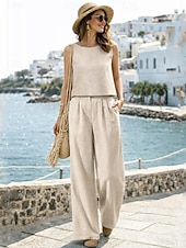 preiswerte Wesentliche Faux Co-ord Sets-Damen Hosen-Sets Kunstbaumwollleinen Ärmellos Rundhalsausschnitt Einfach Elegant Mode Streetwear Lässig Täglich Outdoor Blau Schwarz Orange Sommer Lässiger Schnitt