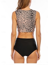 billiga Bikiniset-Dam Badkläder Bikini 2 st Kalsonger Baddräkt Smal Öppen rygg Semester Vintage Ensfärgat Leopard Halterneck Ärmlös Baddräkter