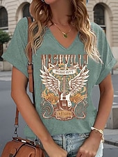 ieftine tricou Art &amp; Design-festival de muzică Pentru femei Tricou Imprimeu Grafic Scrisă Epocă Stilat Clasic Manșon scurt În V Topuri obișnuite Zilnic Sfârșit de săptămână Îmbrăcăminte de vacanță Negru Trifoi Roz / negru Var