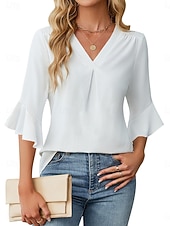 economico Bluse Eleganti-Per donna Camicia Blusa Top in chiffon Volant Semplice Elegante Classico Moderno Manica 3/4 Scollo a V Top Regolari Quotidiano Ferie Uscire Nero Bianco Verde Azzurro Estate Primavera