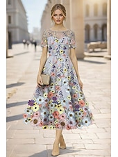 Недорогие Коктейльные платья-А-силуэт До щиколотки Ниже колена коктейльные платья Элегантный стиль С цветами С короткими рукавами Вырез лодочкой Свадьба Официальные Кружева с Вышивка Аппликации