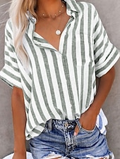 economico Camicie-Per donna Camicie effetto lino Blusa Camicia in finto lino Bottoni Stampato A righe Elegante Casual Mezza Manica Colletto a Camicia Top Regolari Quotidiano Blu Nero Giallo Rosa Verde Estate Primavera