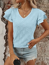 baratos Blusas Elegantes-Mulheres Camisa Social Topo de ilhó Blusa Patchwork Tecido à moda Clássico Moderno Manga Curta Decote V Tops regulares Diário Feriado Para Noite Preto Azul Céu Roxo Claro Laranja Verde Verão Primavera