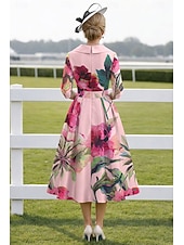 abordables Longueur du thé-Ligne A Longueur thé Robe de Soirée Robe de Cocktail Robe d'invité de mariage Robe de Mère de Mariée  Demi Manches Revers Élégant Kentucky Derby Satin avec Imprimé floral