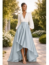 economico Abiti da Sera a Linea A-Linea ad A Asimmetrico Abiti da Cocktail Abito da Sera Da principessa Abito formale Elegante Monocolore Alto Basso Manica 3/4 Scollo a V Formale Ospite di nozze Raso con Arricciato
