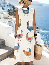 abordables Arte &amp; Design Vestidos-Women's Midi Dress Shift Dress Sundress A Line Dress Vacation Casual Boho Beach Going out Regular Fit Graphic Animal Sleeveless Crewneck White Sky Blue Beige Summer Spring