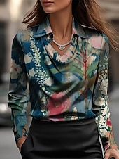  Mulheres Camisa Social Imprimir Com Pregas Floral Gráfico Elegante à moda Casual Manga Longa Gola Boba Tops regulares Diário Trabalho Feriado Verde Primavera Outono