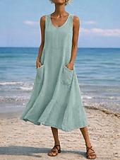 abordables Vestidos-Mujer Vestido maxi Vestido de cambio Vestido de verano Casual Diario Holgado Plano Sin Mangas Cuello Barco Azul Piscina Negro Blanco Verde Claro Verano Primavera Otoño