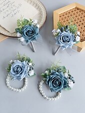 abordables Mariage ACC-Ensemble boutonnière et bracelet de mariée pour homme, en polyester bleu clair à motif floral artificiel, idéal pour les mariés, les bals de fin d'année, les fêtes et les soirées formelles.