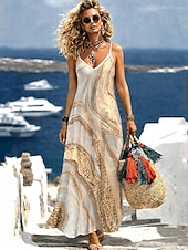 tanie Sztuka i projektowanie sukien-Damskie Sukienka maxi Sukienka letnia Sukienka A line Sukienka na ramiączkach Urlop Codzienny Plaża Wyjściowe Luźna Graficzny Zwierzę Panterka Bez rękawów W serek Czarny i biały Czarny Biały Czerwony